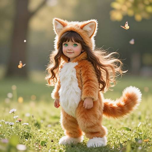Photograph of a cute child with green eyes, wearing an orange and white fox costume, standing in a sunlit grassy field with butterflies and blurred