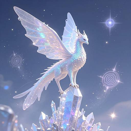 Digital art of a glowing, ethereal white phoenix with translucent wings perched on a crystal pedestal against a starry night sky.