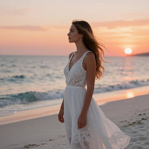 Lady in White Lace at Seashore Sunset