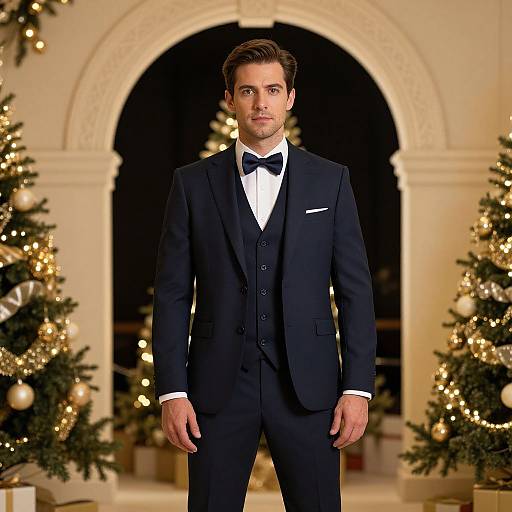 Photograph of a handsome man in a black tuxedo with a white shirt and black bow tie, standing in front of Christmas trees with warm lights