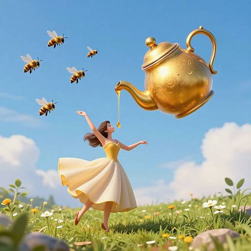 Digital illustration: A girl in a yellow dress pours honey from a golden teapot, bees hover, bright blue sky, green field with white flowers.