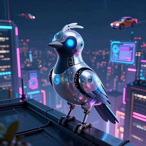 Neon-lit cyberbird robot with glowing blue eyes perched on rooftop, futuristic cityscape with flying cars and vibrant skyscrapers in background.