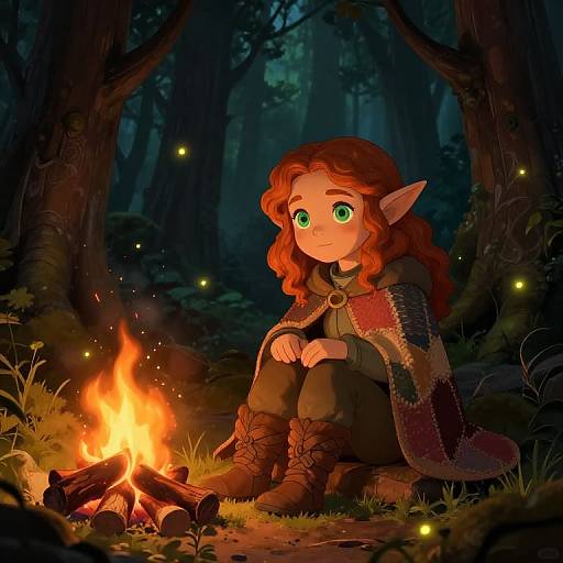 Digital illustration of a cute, red-haired elf with green eyes sitting by a campfire in a dark, enchanted forest, surrounded by glowing fireflies.