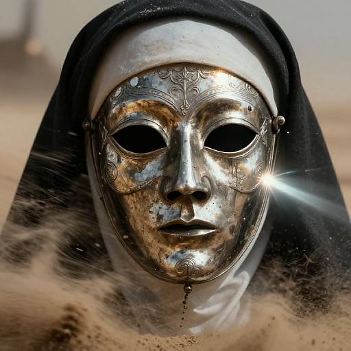 Photograph of a silver, ornate Venetian mask with hollow eyes, wearing a black nun's habit, emerging from swirling sand, with a