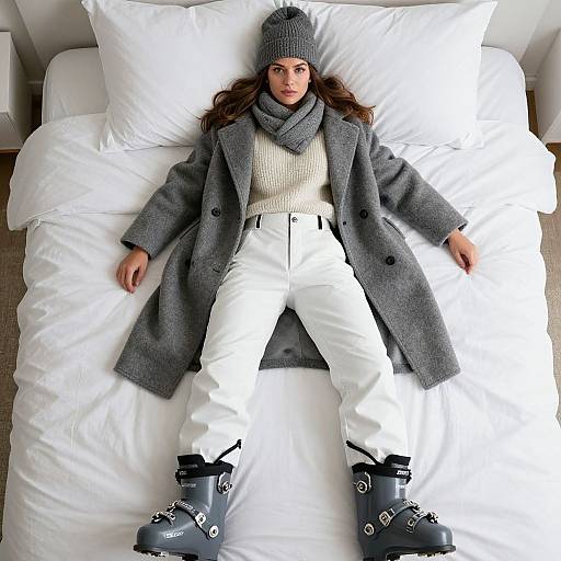Photograph of a woman with long brown hair, wearing a gray coat, white pants, gray beanie, scarf, and black boots, lying on