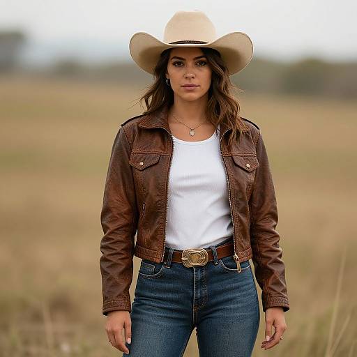 Photograph of a confident woman with long brown hair, wearing a white cowboy hat, brown leather jacket, white t-shirt, blue jeans, and a