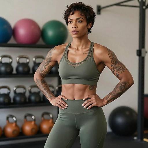Muscular Tattooed Woman in Gym