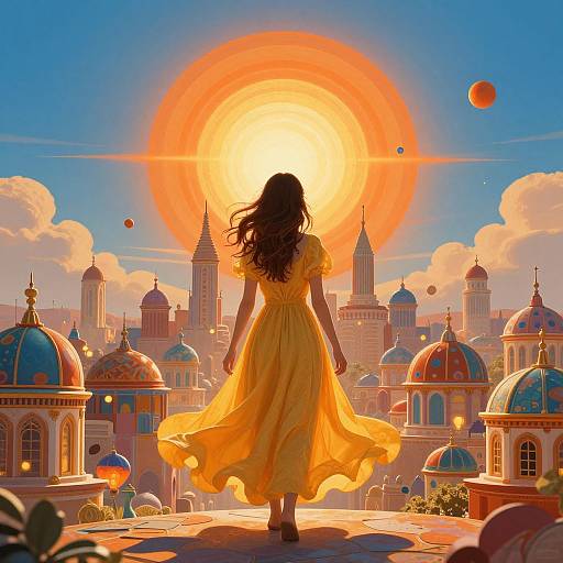 Digital artwork of a woman in a flowing yellow dress facing a radiant, oversized sun over a colorful, dome-topped cityscape with floating planets.