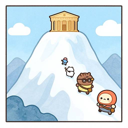 Chibi-style digital drawing: Cute characters with glasses, bear mask, and round head on a snowy hill with a temple at the top.