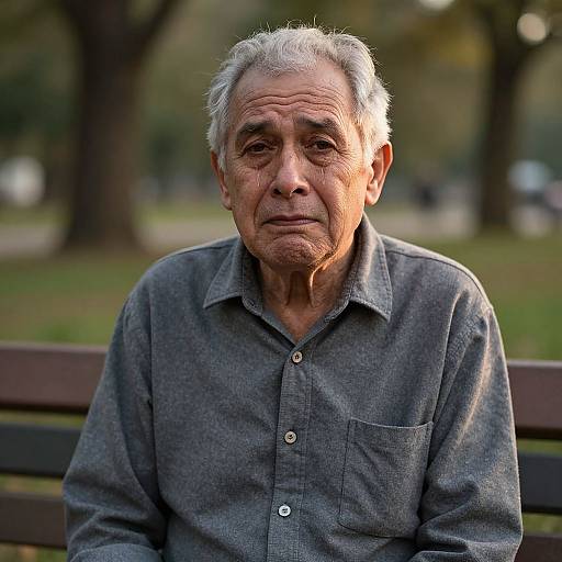 Photograph of an elderly man with wrinkled skin, gray hair, wearing a gray button-up shirt, sitting on a park bench. Background: blurred