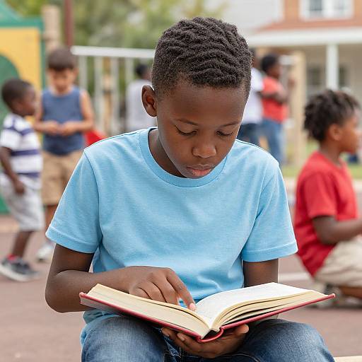 Photograph of a young African boy with short curly hair, wearing a light blue t-shirt, intently reading a book outdoors, surrounded by other children