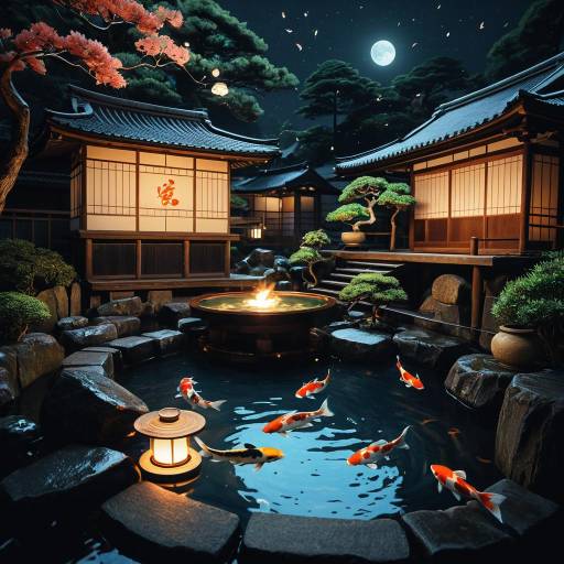 Cozy Nighttime Onsen with Glowing Koi