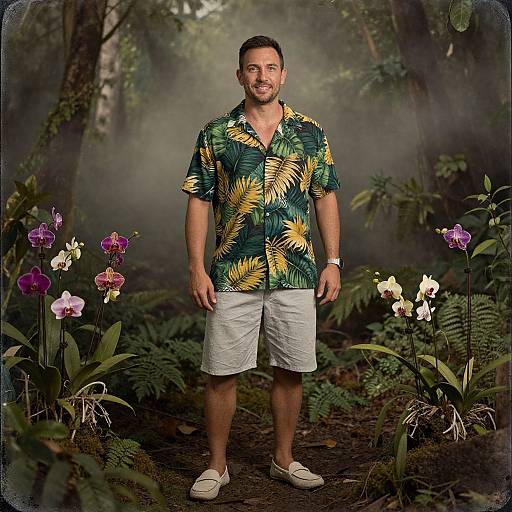 Photograph of a smiling man in a tropical shirt with yellow palm prints, white shorts, and white slip-ons, standing in a misty jungle garden