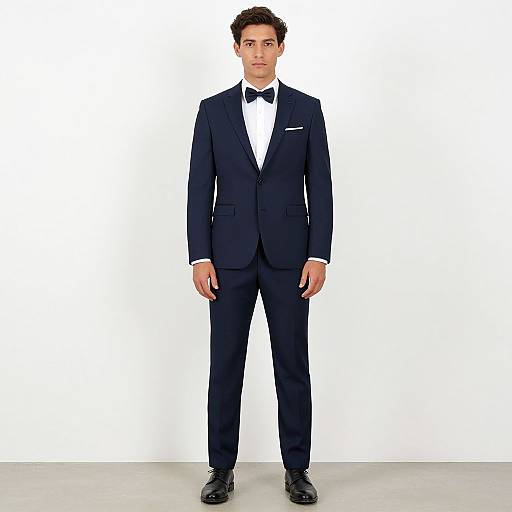 Photograph of a handsome man with short, dark hair, wearing a black tuxedo with a white shirt and black bow tie, standing against a