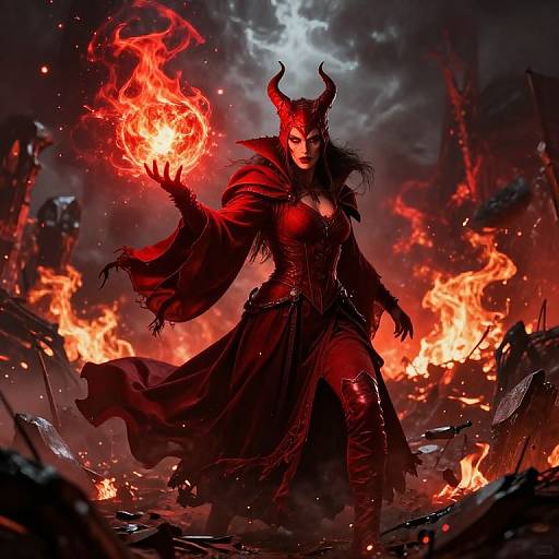Digital artwork of a dark, horned demoness with red flames in her hand, standing amid fiery ruins and glowing embers.