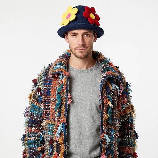 Photograph of a bearded man in a colorful, textured, patterned coat, gray sweater, and a dark blue hat adorned with large, vibrant