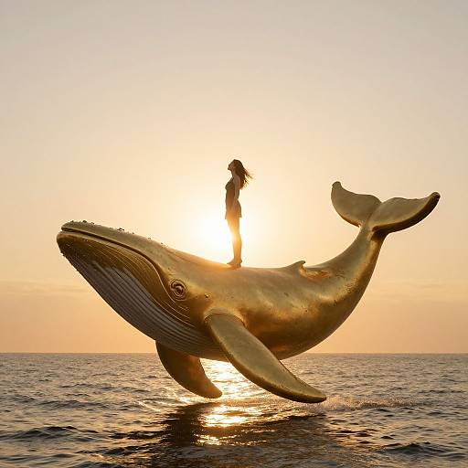 Photograph of a golden, lifelike whale with a silhouetted person standing on its back, set against a glowing sunset over calm ocean