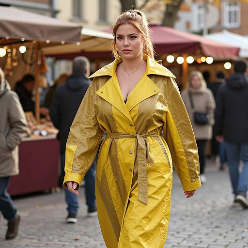 Photograph of a confident, fair-skinned woman with red hair wearing a bright yellow trench coat, walking through a bustling outdoor market with blurred shoppers and