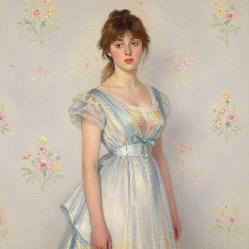 Digital painting of a fair-skinned woman with brown hair in a blue, shimmering dress with puffed sleeves, set against a floral wallpaper background.