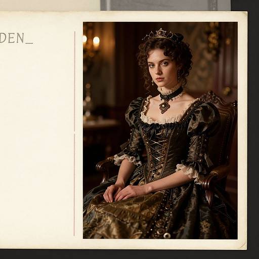 Photograph of a fair-skinned, dark-haired woman in an elaborate, black, Victorian-style gown with lace and brocade, sitting regally in