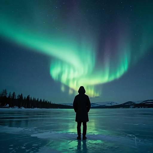 Silhouetted person in winter coat stands on frozen lake, gazing at vibrant green and purple Northern Lights in starry night sky.