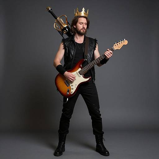 Photograph of a bearded man with a golden crown, black leather vest, and black pants, playing a sunburst electric guitar, with a sword