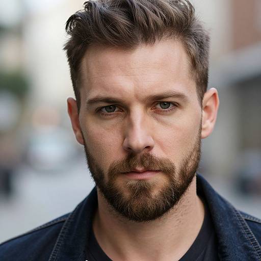 Close-up photograph of a handsome, bearded Caucasian man with short brown hair, blue eyes, and a serious expression, wearing a black jacket. Bl