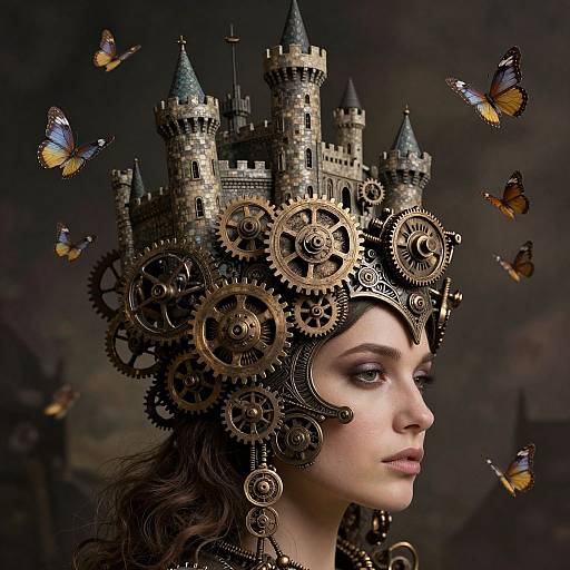 Steampunk-style portrait of a fair-skinned woman with intricate gear crown, surrounded by floating butterflies, dark background, fantasy castle towers.