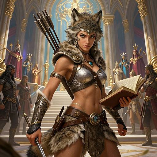 Digitally rendered fantasy image of a fierce, wolf-eared warrior woman in metallic armor and fur loincloth, holding a book and quiver,