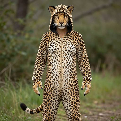 Photograph of a person standing in a forest, wearing a full leopard costume with hood, featuring realistic spotted fur, black claws, and a visible tail