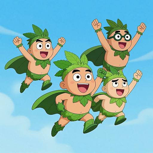 Cartoon image of four cheerful, green-caped, leaf-turbaned, leaf-bottom-wearing babies flying against a bright blue sky, arms