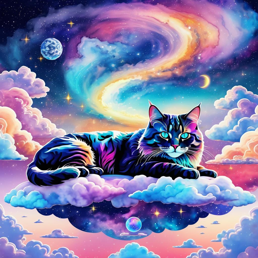 Surreal Giant Cat on a Colorful Cloud