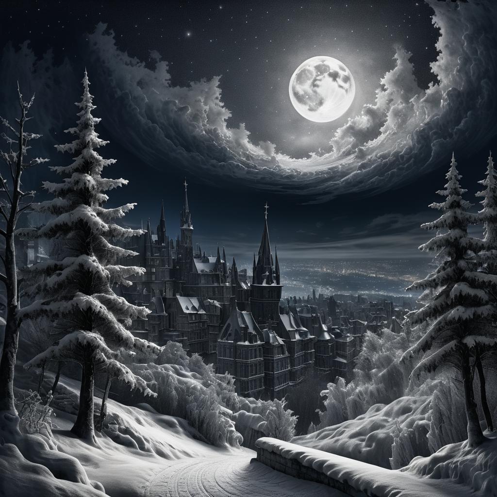 Mysterious Night in a Snowy Cityscape