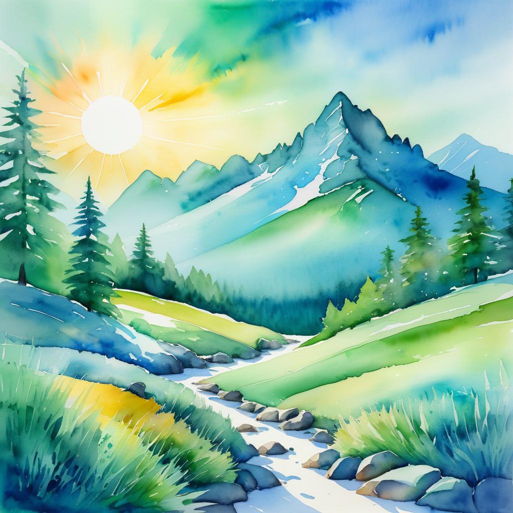 Serene Mountain Landscape Watercolor Artwork