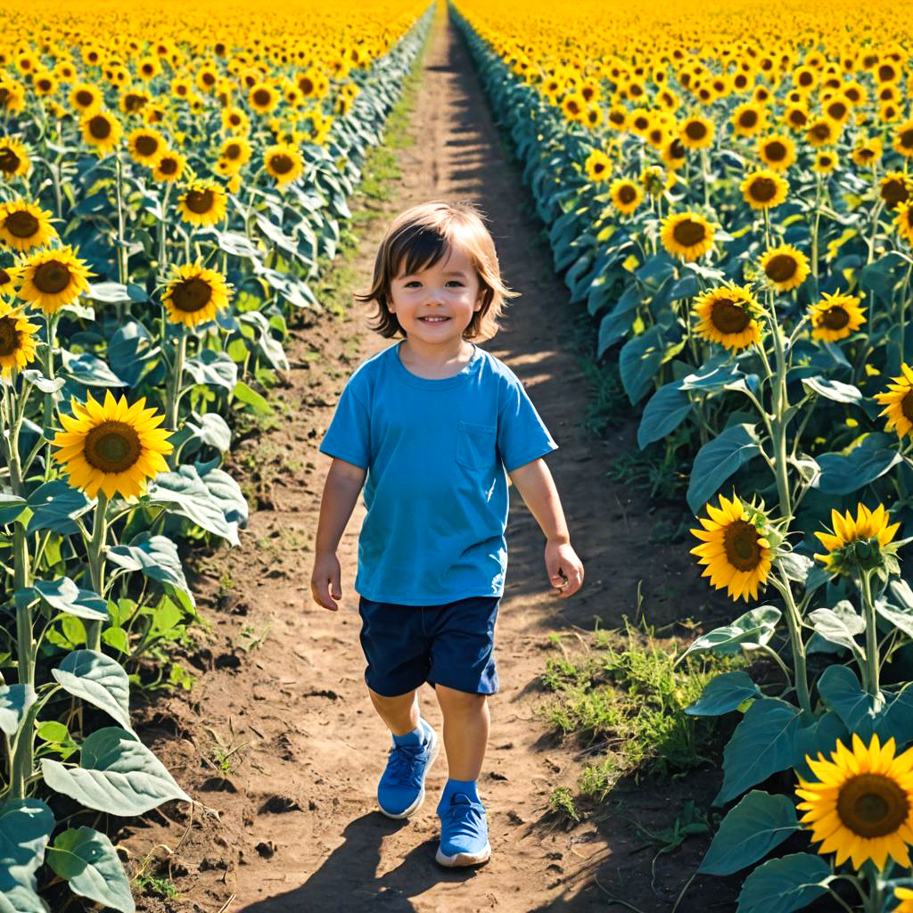 Child in Blue Sneakers Among Sunflowers