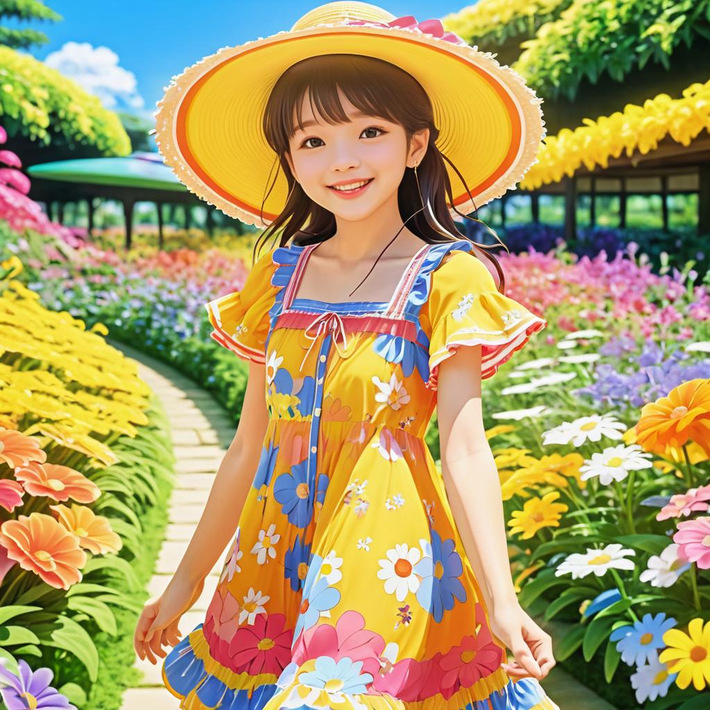 Joyful Girl in a Vibrant Flower Garden