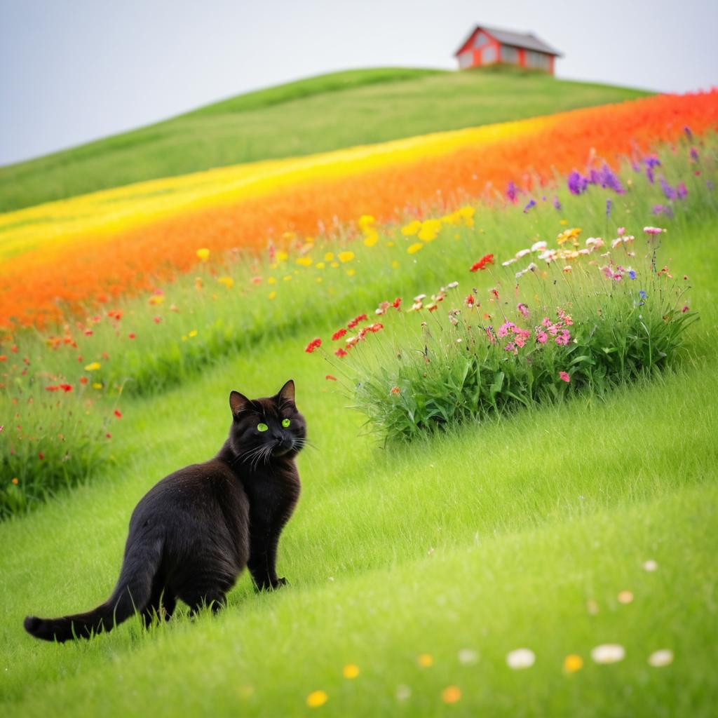 Cat on Grassy Hill with Flower Field