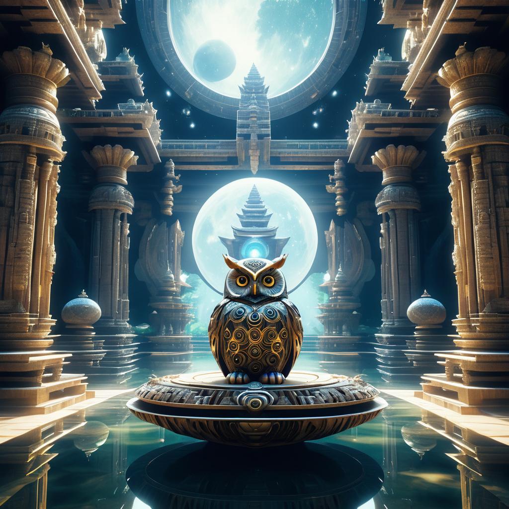 Owl Humanoid Meditating in Space Temple