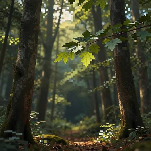 Photograph of a sunlit forest with pixelated style; tall trees, green leaves, sunlight filtering through, and a mossy forest floor.