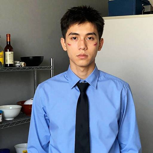 Young Man in Blue Shirt with Facial Cut