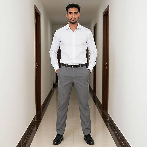 Photograph of a confident, bearded man with short black hair, wearing a white shirt, gray pants, and black shoes, standing in a long