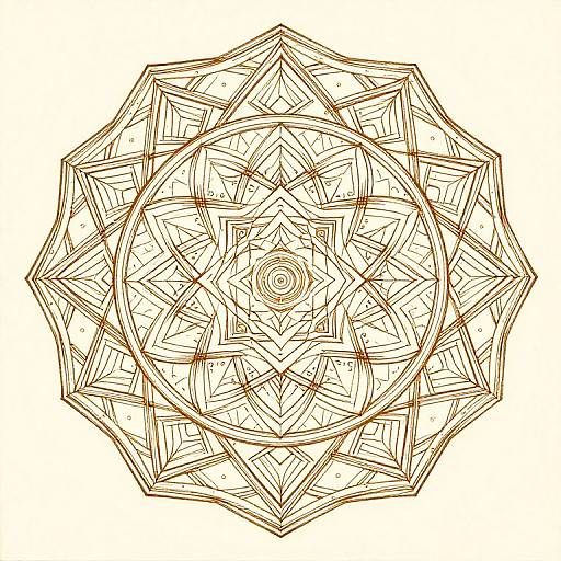Intricate brown line mandala drawing, featuring geometric patterns and symmetrical design, with a central circular motif and star-like outer edges.