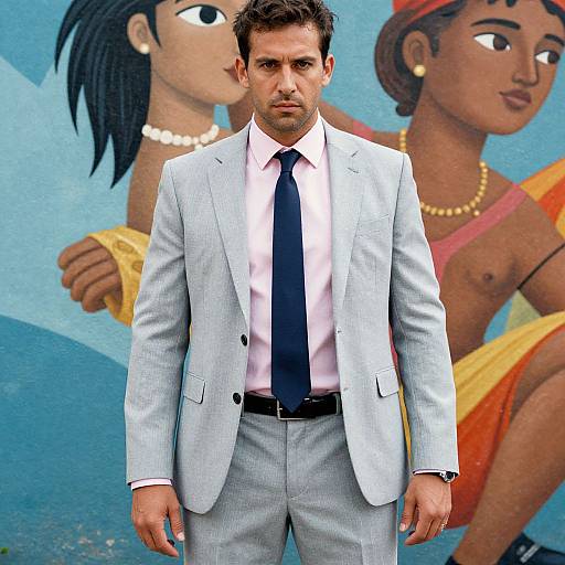 Photograph of a serious-looking man in a light gray suit, white shirt, and black tie, standing in front of vibrant mural of two stylized