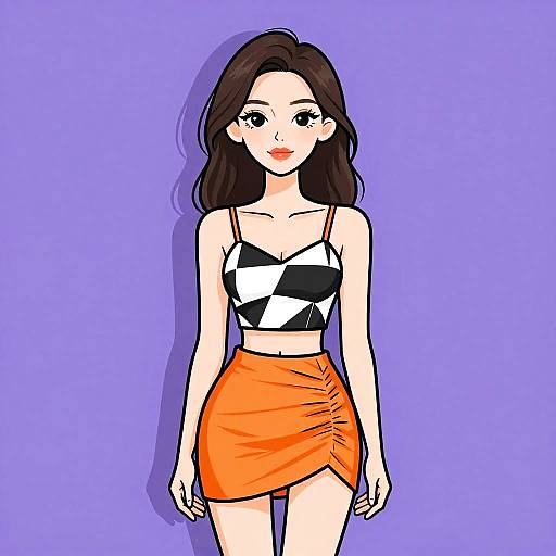 Digital drawing of a fair-skinned woman with long brown hair, wearing a black-and-white checkered crop top and orange wrap skirt, against a solid