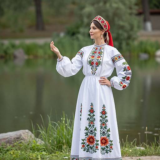 Photograph of a woman in a white embroidered traditional dress with red floral patterns, red headscarf, standing by a serene pond in a green,