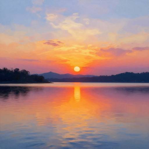 Photograph of a vibrant sunset over a calm lake, with the sun casting a bright orange reflection on the water, surrounded by silhouetted trees