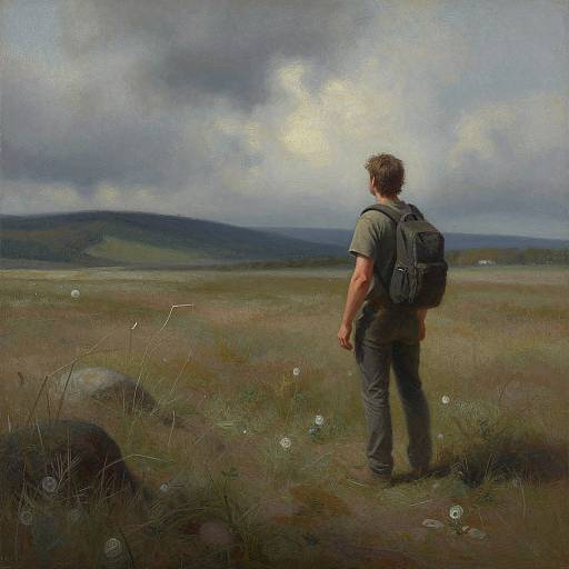 Photorealistic painting of a man with a backpack, standing in a grassy field, facing distant hills under a cloudy sky.