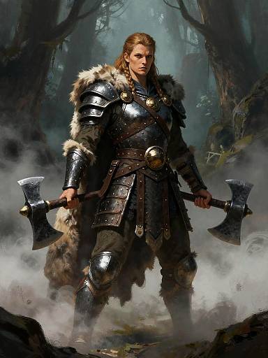 Mythic Shieldmaiden in Misty Forest