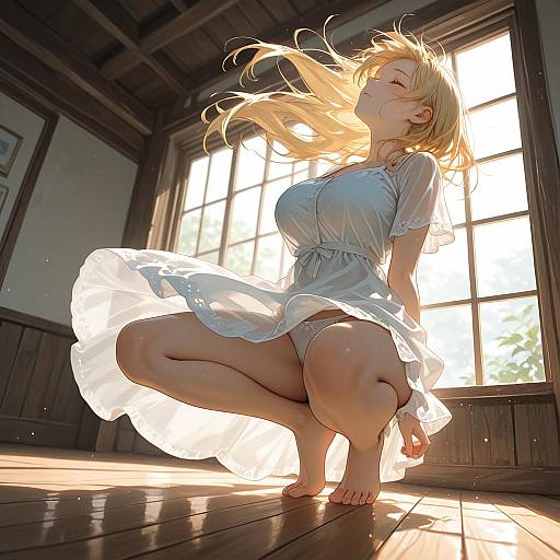 Blonde Woman in White Dress Indoor with Sunlight
