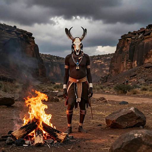 Photograph of a muscular man with black skin, wearing a skull helmet with horns, tribal jewelry, and a loincloth, standing in front of